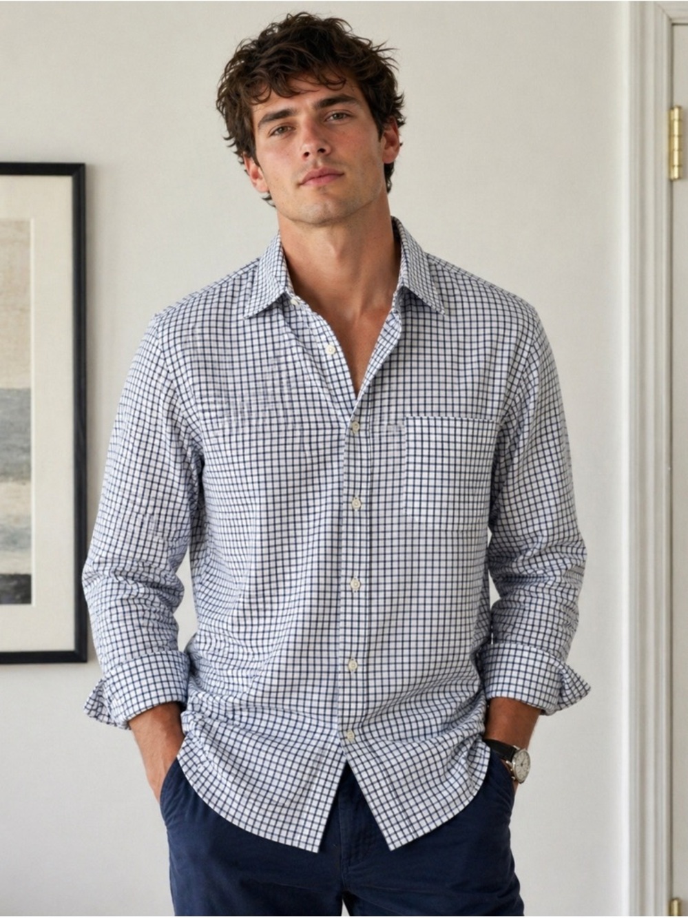 Peter Millar Men's Navy and White Check Button-Down Shirt